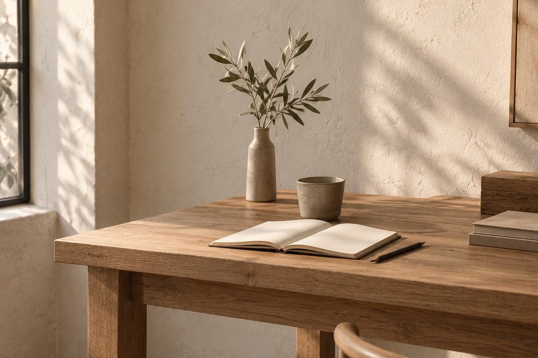 Een eiken tafel bij het raam met een opengeslagen schrift, een kop en een olijftakje