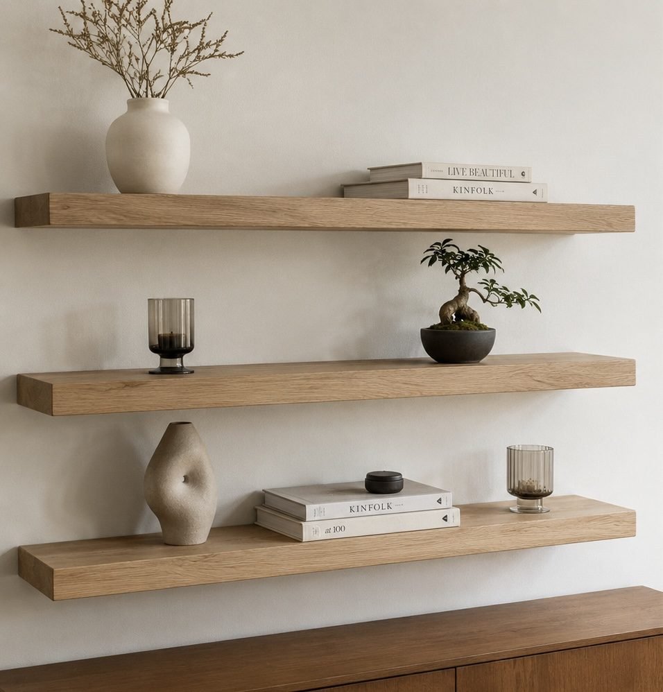 Drie massief eiken wandplanken boven elkaar aan een lichte muur, met een vaas, boeken en een plant
