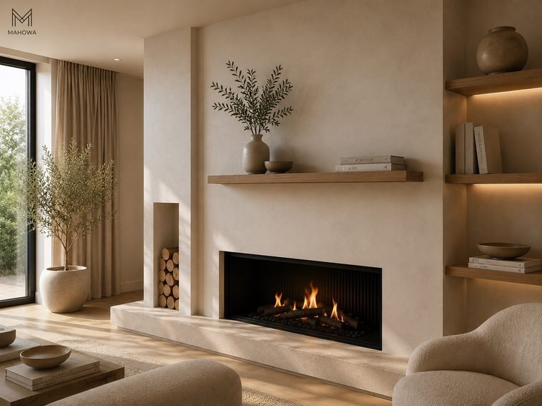 Eiken wandplank boven een open haard in een woonkamer