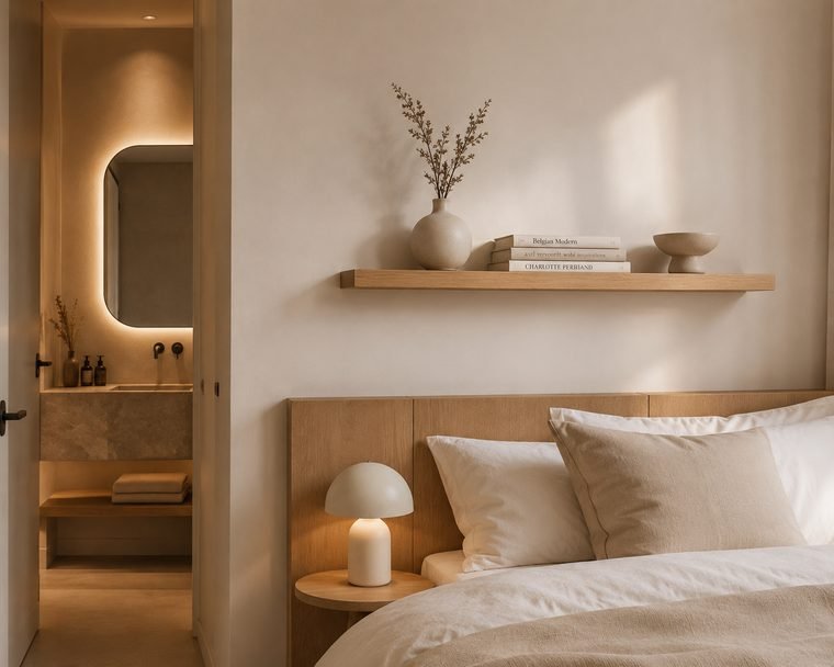 Eiken wandplank boven het bed in een slaapkamer, met een vaas en boeken erop