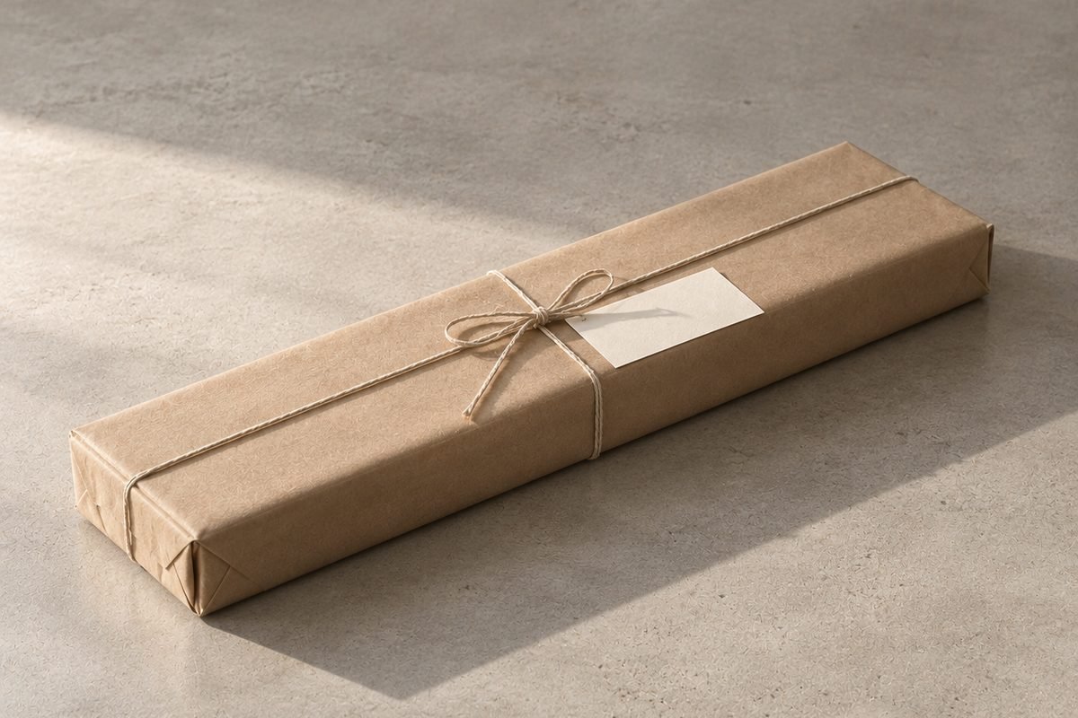Een lange platte doos in kraftpapier met touw en een blanco etiket, op een betonvloer
